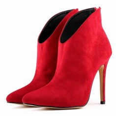 Pointed Toe Stiletto Heels Suede Back Zipper Ankle Highs Booties - Red