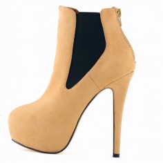 Round Toe Stiletto Heels Suede Back Zipper Platforms Ankle Highs Chelsea Booties - Apricot