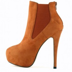 Round Toe Stiletto Heels Suede Back Zipper Platforms Ankle Highs Chelsea Booties - Brown