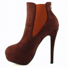 Round Toe Stiletto Heels Suede Back Zipper Platforms Ankle Highs Chelsea Booties - Coffee