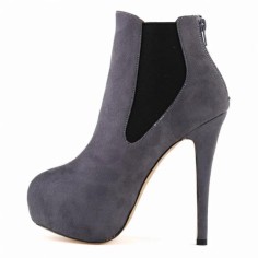 Round Toe Stiletto Heels Suede Back Zipper Platforms Ankle Highs Chelsea Booties - Gray