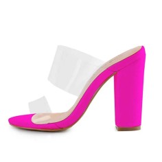 Peep Toe Chunky Heels Slip On Transparent Double Straps Snake Pattern Sandals Slippers - HotPink PVC