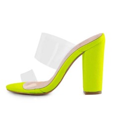 Peep Toe Chunky Heels Slip On Transparent Double Straps Snake Pattern Sandals Slippers - LightGreen PVC