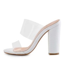 Peep Toe Chunky Heels Slip On Transparent Double Straps Snake Pattern Sandals Slippers - White PVC
