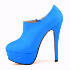 Round Toe Stiletto Heels Matte Side Zipper Platforms Ankle Highs Booties - Blue
