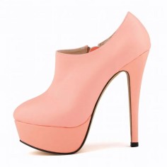 Round Toe Stiletto Heels Matte Side Zipper Platforms Ankle Highs Booties - Pink