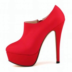 Round Toe Stiletto Heels Matte Side Zipper Platforms Ankle Highs Booties - Red