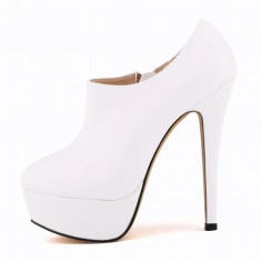 Round Toe Stiletto Heels Matte Side Zipper Platforms Ankle Highs Booties - White