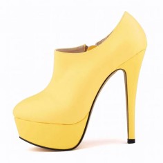 Round Toe Stiletto Heels Matte Side Zipper Platforms Ankle Highs Booties - Yellow