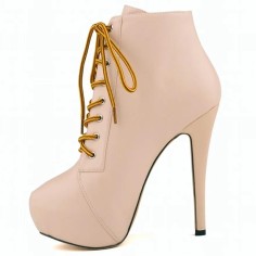 Round Toe Stiletto Heels Matte Lace Up Platforms Ankle Highs Booties - Apricot