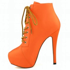 Round Toe Stiletto Heels Matte Lace Up Platforms Ankle Highs Booties - Orange