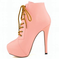 Round Toe Stiletto Heels Matte Lace Up Platforms Ankle Highs Booties - Pink