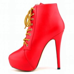 Round Toe Stiletto Heels Matte Lace Up Platforms Ankle Highs Booties - Red