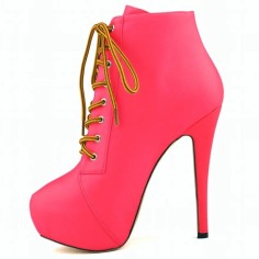 Round Toe Stiletto Heels Matte Lace Up Platforms Ankle Highs Booties - Rose Red