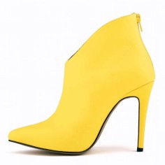 Pointed Toe Stiletto Heels Matte Back Zipper Ankle Highs Booties - Yellow
