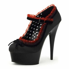Round Toe Stiletto Heels Platforms Lace Decorated Mary Janes Pumps - Black Satin