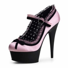 Round Toe Stiletto Heels Platforms Lace Decorated Mary Janes Pumps - Pink Satin