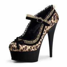 Round Toe Stiletto Heels Platforms Lace Decorated Mary Janes Pumps - Leopard Satin