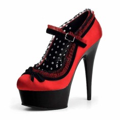 Round Toe Stiletto Heels Platforms Lace Decorated Mary Janes Pumps - Red Satin
