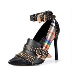 Pointed Toe Stiletto Heels Ankle Buckle Straps Classic Punk Pumps - Black