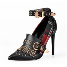 Pointed Toe Stiletto Heels Ankle Buckle Straps Classic Punk Pumps - Red
