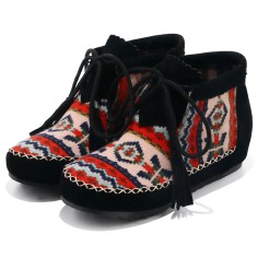 Round Toe Hand Sewing Stitch Decorated Lace Up Kilim Pattern Colorful Ethnic Flats - Black