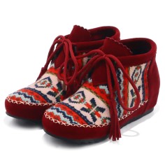 Round Toe Hand Sewing Stitch Decorated Lace Up Kilim Pattern Colorful Ethnic Flats - Red