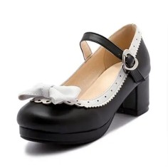 Round Toe Chunky Heels Sweet Bowknot Lolita French Maid Mary Janes Pumps - Black