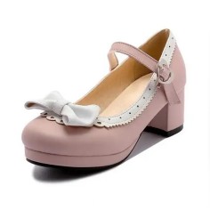 Round Toe Chunky Heels Sweet Bowknot Lolita Mary Janes Pumps - Pink