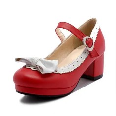 Round Toe Chunky Heels Sweet Bowknot Lolita Mary Janes Pumps - Red