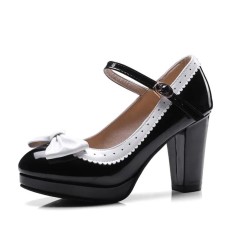 Round Toe Chunky Heels Sweet Bowknot Lolita French Maid Mary Janes Pumps - Black