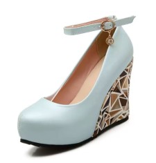 Round Toe Ankle Buckle Straps Flower Printed Wedges Pumps - Baby Blue Faux Leather