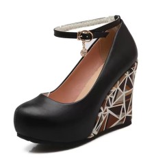 Round Toe Ankle Buckle Straps Flower Printed Wedges Pumps - Black Faux Leather