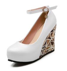 Round Toe Ankle Buckle Straps Flower Printed Wedges Pumps - White Faux Leather
