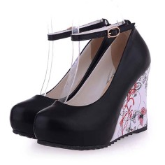 Round Toe Ankle Buckle Straps Flower Printed Wedges Pumps - Black Faux Leather