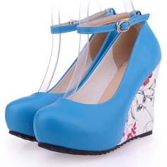 Round Toe Ankle Buckle Straps Flower Printed Wedges Pumps - Blue Faux Leather