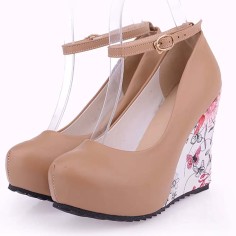 Round Toe Ankle Buckle Straps Flower Printed Wedges Pumps - Apricot Tan Faux Leather