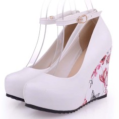 Round Toe Ankle Buckle Straps Flower Printed Wedges Pumps - White Faux Leather
