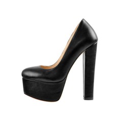 Chunky Heels Round Toe Platform Block Pumps - Black PU Matte