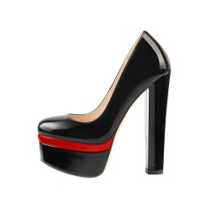 Chunky Heels Round Toe Platform Block Pumps - Black Red Patent