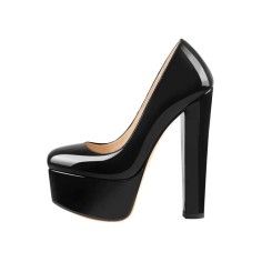 Chunky Heels Round Toe Platform Block Pumps - Black Patent