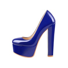 Chunky Heels Round Toe Platform Block Pumps - Blue Patent