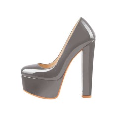 Chunky Heels Round Toe Platform Block Pumps - Gray Patent