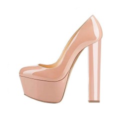Chunky Heels Round Toe Platform Block Pumps - Nude Patent