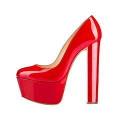 Chunky Heels Round Toe Platform Block Pumps - Red Patent