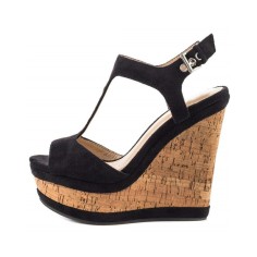 Peep Toe Platforms Ankle Buckle T-Straps Wedges Sandals - Black