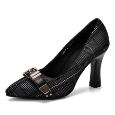 Pointed Toe Block Heels Oxford Cloth Buckle Straps Pumps - Black