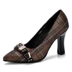 Pointed Toe Block Heels Oxford Cloth Buckle Straps Pumps - Coppery