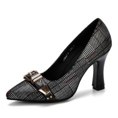 Pointed Toe Block Heels Oxford Cloth Buckle Straps Pumps - Silvery Gray