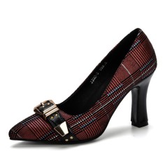 Pointed Toe Block Heels Oxford Cloth Buckle Straps Pumps - Wine Red